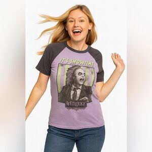 Warner Brothers Beetlejuice Baseball style tee.  Purple/ Gray Size S.   A